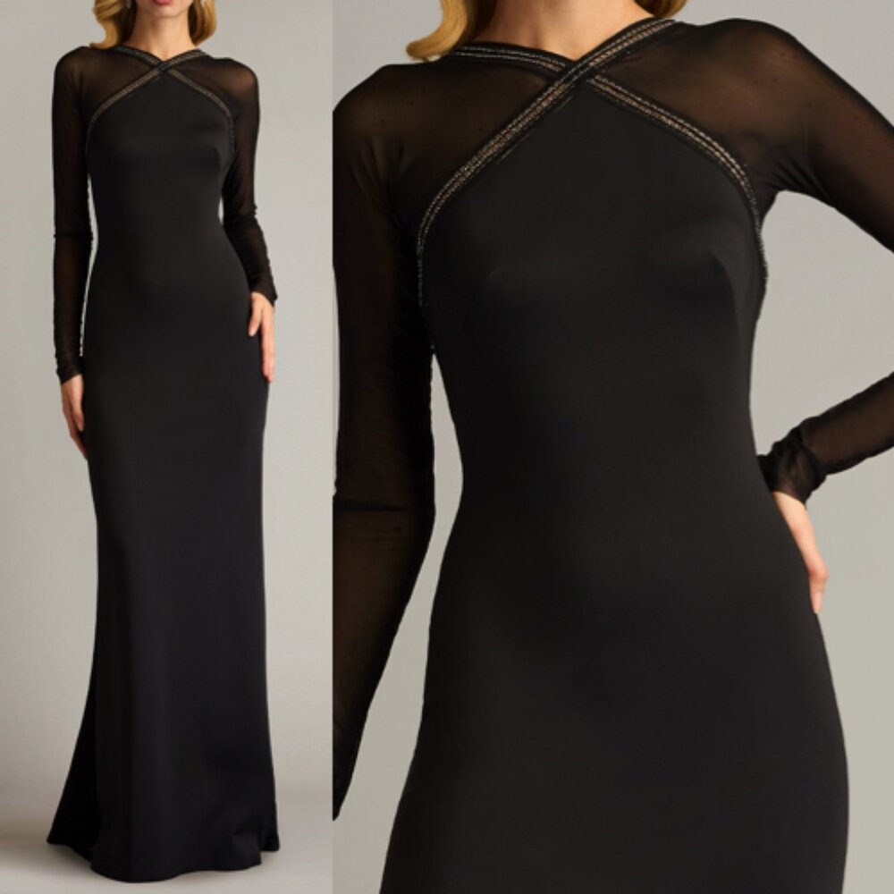 NWT SHO BY TADASHI SHOJI SAVOY SHEER SLEEVE GOWN DRESS SAGD25037L BLACK SIZE 2